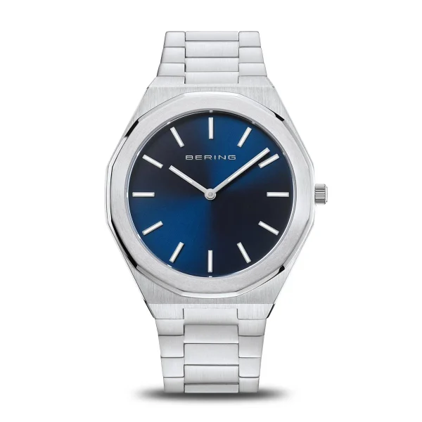 Classic argento brillante spazzolato, quadrante blu