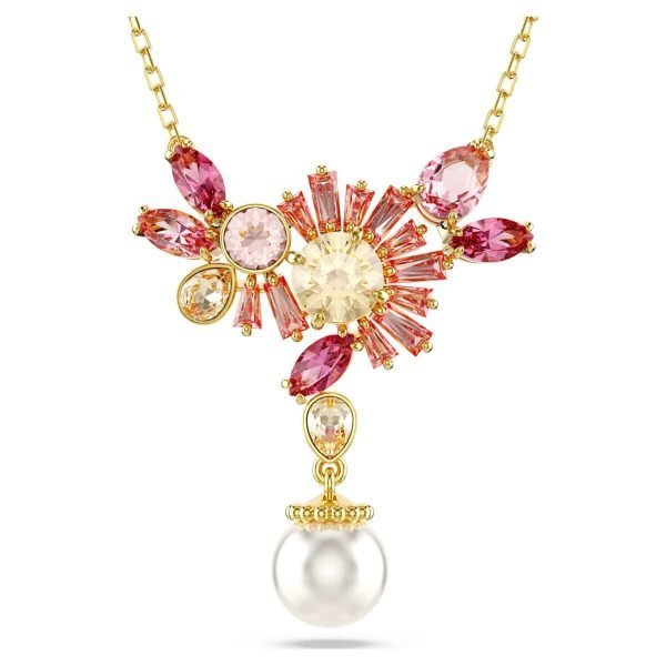 Pendente Gema Taglio misto, Crystal Pearl, Fiore, Rosa, Placcato color oro