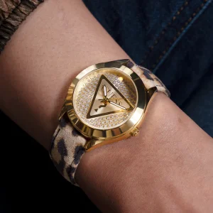 GUESS Ladies Leopard Gold Tone Analog Watch
