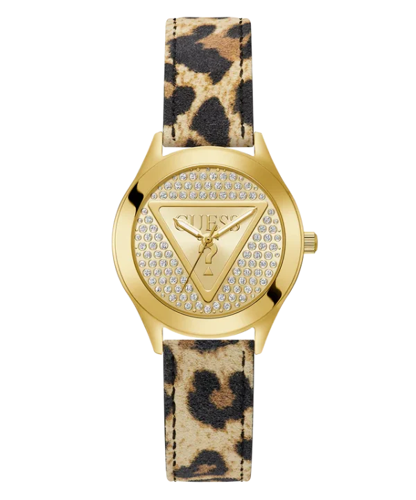 GUESS Ladies Leopard Gold Tone Analog Watch