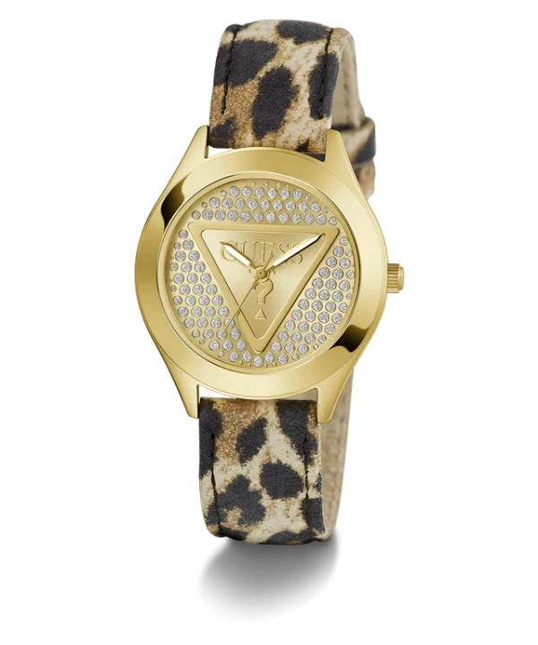 GUESS Ladies Leopard Gold Tone Analog Watch