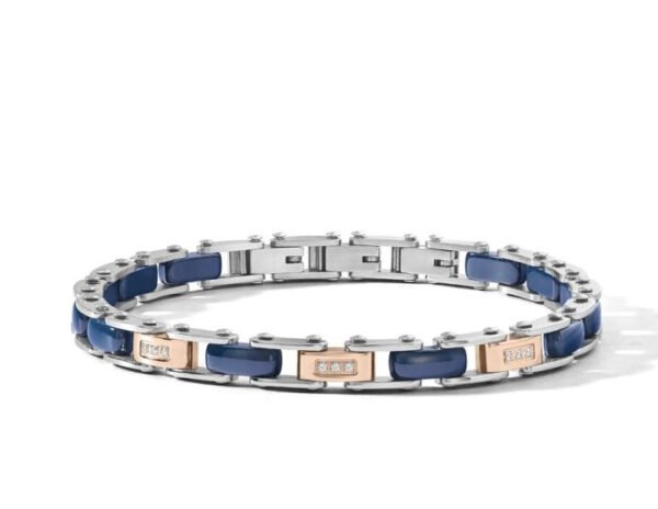 Bracciale in Acciaio, pvd rosè e ceramica blue con diamanti.