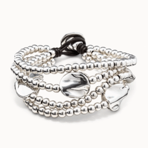 Bracciale a tre giri in cuoio marrone e particolari placcati argento Sterling