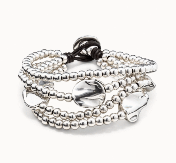 Bracciale a tre giri in cuoio marrone e particolari placcati argento Sterling