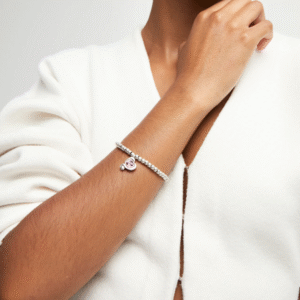 Bracciale a sfere placcate argento Sterling con cuore con cristallo rosa