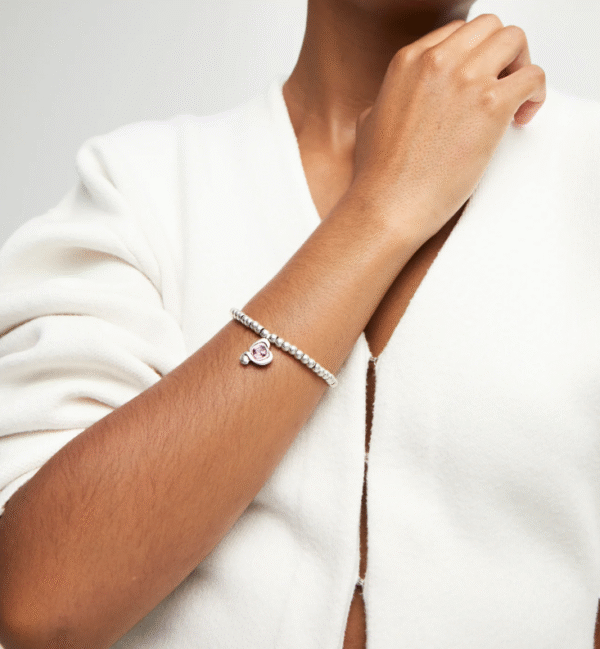 Bracciale a sfere placcate argento Sterling con cuore con cristallo rosa