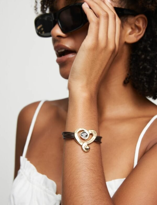 Bracciale in cuoio con cuore placcato oro 18k con cristallo nero