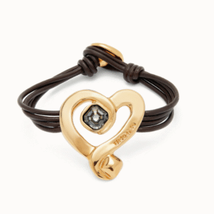 Bracciale in cuoio con cuore placcato oro 18k con cristallo nero