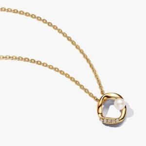 Collana Cerchio Linea Sinuosa con Perla d'Acqua Dolce Coltivata e Pavè