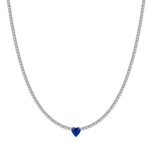 COLLANA TENNIS DONNA IN ACCIAIO CON CRISTALLI BIANCHI E CUORE CRISTALLO BLU