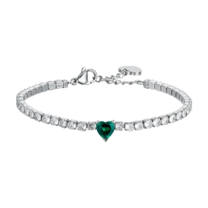 BRACCIALE TENNIS DONNA IN ACCIAIO CON CRISTALLI BIANCHI E CUORE CRISTALLO VERDE