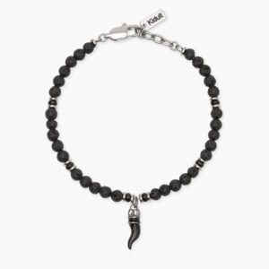 Bracciale uomo in acciaio con pietra lavica e cornetto