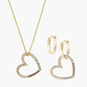 Set Dorato Collana e Orecchini Due Cuori in Ottone con Zirconi Rainbow