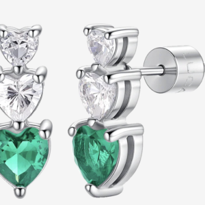 MONO ORECCHINO DONNA IN ACCIAIO CON CUORI CON ZIRCONI BIANCHI E VERDI