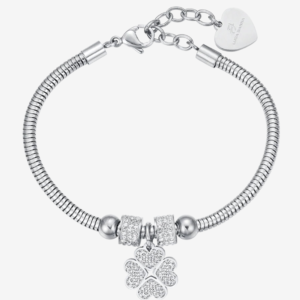 BRACCIALE DONNA IN ACCIAIO CON QUADRIFOGLIO E CRISTALLI BIANCHI