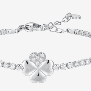 BRACCIALE TENNIS DONNA IN ACCIAIO CON QUADRIFOGLIO E PUNTI LUCE ZIRCONE BIANCO