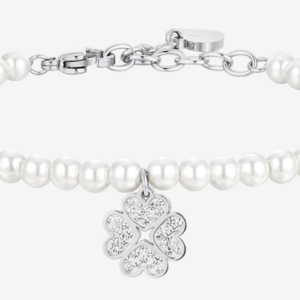 BRACCIALE DONNA IN ACCIAIO PERLE SINTETICHE E QUADRIFOGLIO