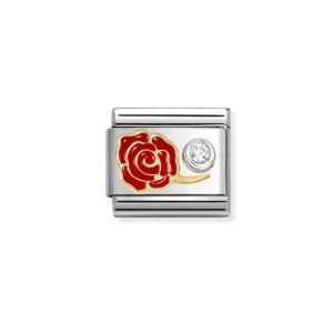 Link Composable Classic Rosa Rossa,, Sagoma in Oro con castone in Argento